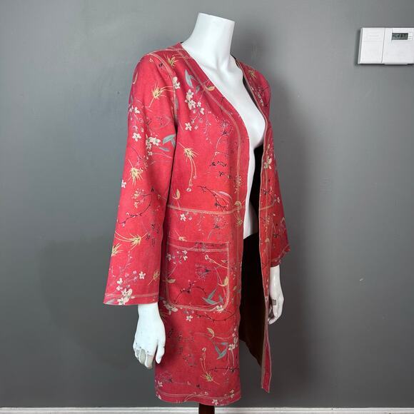 Solitaire‎ jacket Medium Red Floral Kimono Asian inspired open cascade - Picture 2 of 8